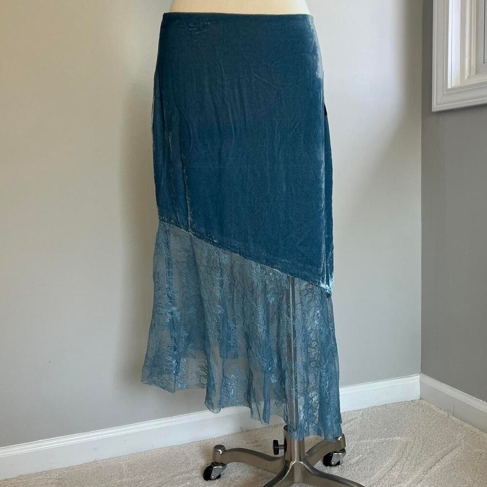 Free people asymmetrical blue velvet and lace midi skirt